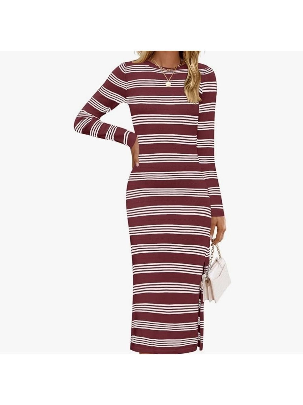 ZESICA Women's Fuchsia Fall Long Sleeve Striped Knit Midi Dress NWT Size L